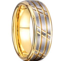 ***COI Tungsten Carbide Gold Tone Silver Grooves Step Edges Ring-00526AA