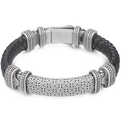 ***COI Titanium Black Silver Cross Genuine Leather Bracelet With Steel Clasp(Length: 8.46 inches)-00532AA