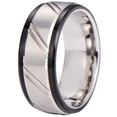***COI Tungsten Carbide Black Silver Diagonal Grooves Step Edges Ring-00535AA