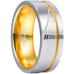 ***COI Tungsten Carbide Gold Tone Silver Offset Groove Damascus Ring-00538AA