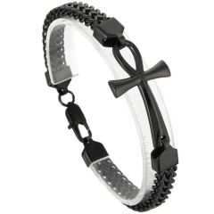 ***COI Titanium Black/Gold Tone/Silver Cross Bracelet With Steel Clasp(Length: 8.66 inches)-00559AA