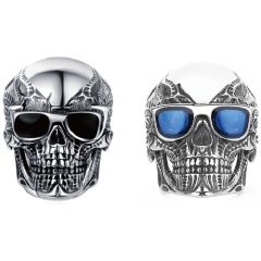 ***COI Titanium Black Silver Skull Ring With Created Blue Sapphire/Black Onyx-00568AA