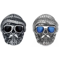 ***COI Titanium Black Silver Skull Ring With Created Blue Sapphire/Black Onyx-00569AA