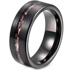 ***COI Black Tungsten Carbide Pipe Cut Flat Ring With Meteorite-00574AA