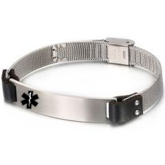 ***COI Titanium Black/Gold Tone/Silver Medical Alert Genuine Leather Bracelet With Stainless Steel Clasp(Length: 9.84 inches)-00579AA
