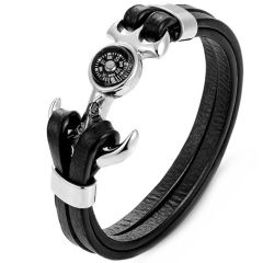 ***COI Titanium Gold Tone/Silver Anchor & Compass Genuine Leather Bracelet With Steel Clasp(Length: 8.27 inches)-00586AA