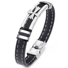 ***COI Titanium Cross Genuine Leather Bracelet With Steel Clasp(Length: 8.27 inches)-00587AA