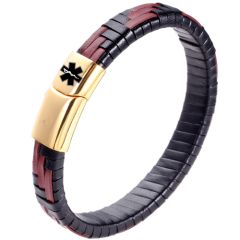 ***COI Titanium Black/Gold Tone/Silver Medical Alert Genuine Leather Bracelet With Steel Clasp(Length: 8.27 inches)-00610AA