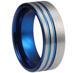 ***COI Titanium Blue Silver Double Offset Grooves Ring-00651AA