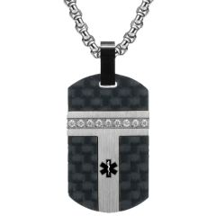 ***COI Titanium Black/Gold Tone/Silver Medical Alert Carbon Fiber Pendant With Cubic Zirconia-00657AA