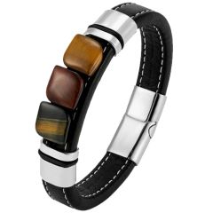 ***COI Titanium Black/Gold Tone/Silver Tiger Eyes Genuine Leather Bracelet With Steel Clasp(Length: 8.27 inches)-00664AA