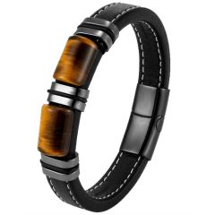 ***COI Titanium Black/Gold Tone/Silver Tiger Eyes Genuine Leather Bracelet With Steel Clasp(Length: 9.06 inches)-00666AA
