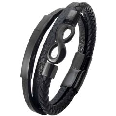 ***COI Black Titanium Infinity Genuine Leather Bracelet With Steel Clasp(Length: 8.07 inches)-00723AA
