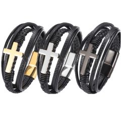 ***COI Titanium Black/Gold Tone/Silver Cross Genuine Leather Bracelet With Steel Clasp(Length: 8.27 inches)-00726AA