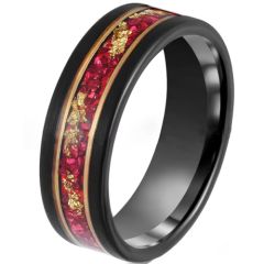 ***COI Tungsten Carbide Black Gold Tone Double Grooves Ring With Crushed Opal-00762AA