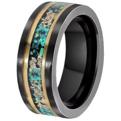 ***COI Tungsten Carbide Black Gold Tone Double Grooves Ring With Crushed Opal-00763A