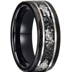 ***COI Tungsten Carbide Black Silver Faceted Double Grooves Silver Foil & Meteorite-00786AA
