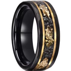 ***COI Tungsten Carbide Black Gold Tone Double Groove Faceted Ring With Meteorite & Gold Foil-00792AA