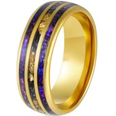 ***COI Gold Tone Tungsten Carbide Gold Foil Meteorite & Crushed Opal Ring-00798AA