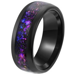 ***COI Black Tungsten Carbide Dome Court Ring With Crushed Opal & Meteorite-00807AA