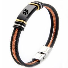 ***COI Titanium Black Gold Tone Rose Silver Medical Alert Wire Bracelet With Steel Clasp(Length: 8.27 inches)-00829AA