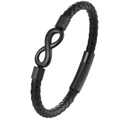 ***COI Black Titanium Infinity Genuine Leather Bracelet With Steel Clasp(Length: 9.06 inches)-00839AA