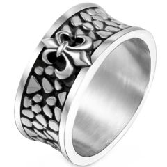 ***COI Titanium Black Silver Fleur De Lis Ring-00854AA