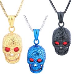 ***COI Titanium Black/Blue/Gold Tone Skull Pendant With Created Red Ruby-00872AA