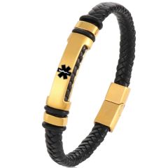 ***COI Titanium Black/Gold Tone/Silver Medical Alert Genuine Leather Bracelet With Steel Clasp(Length: 8.27 inches)-00877AA