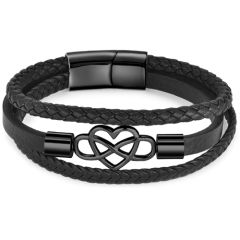 ***COI Titanium Black/Silver Infinity Heart Genuine Leather Bracelet With Steel Clasp(Length: 8.27 inches)-00889AA