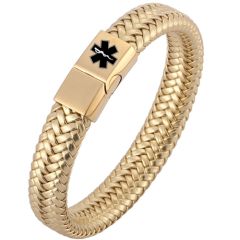 ***COI Gold Tone Titanium Medical Alert Genuine Leather Bracelet With Steel Clasp(Length: 8.27 inches)-00893AA