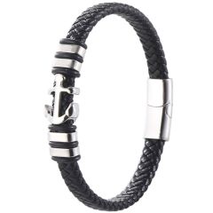 ***COI Titanium Black Silver Anchor Genuine Leather Bracelet With Steel Clasp(Length: 8.86 inches)-00898AA