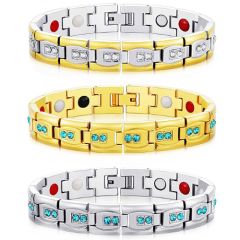 ***COI Titanium Gold Tone/Silver Blue Topaz/Cubic Zirconia Bracelet With Steel Clasp(Length: 8.66 inches)-00912A