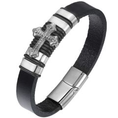 ***COI Titanium Gold Tone/Silver Cross Genuine Leather Bracelet With Steel Clasp(Length: 8.27 inches)-00915A