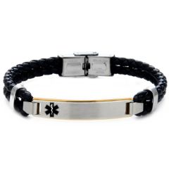 ***COI Titanium Black/Gold Tone/Silver Medical Alert Genuine Leather Bracelet With Steel Clasp(Length: 8.27 inches)-00929AA