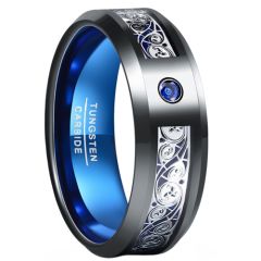 ***COI Black Tungsten Carbide Trinity Knots & Celtic Ring With Created Blue Sapphire-00948AA