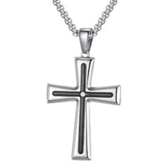***COI Titanium Black Silver Cross Pendant With Cubic Zirconia-00951AA
