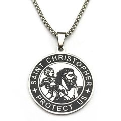 ***COI Titanium Black Silver Saint Christopher Protect Us Pendant-00963AA
