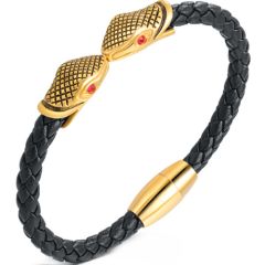 ***COI Titanium Black Gold Tone Snake Head Created Red Ruby Genuine Leather Bracelet With Stainless Steel Clasp(Length: 8.27 inches)-00964AA