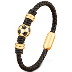 ***COI Titanium Black/Gold Tone/Silver Soccer Genuine Leather Bracelet With Stainless Steel Clasp(Length: 8.27 inches)-00973AA