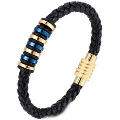 ***COI Titanium Black Gold Tone Blue Genuine Leather Bracelet With Stainless Steel Clasp(Length: 9.05 inches)-00974AA