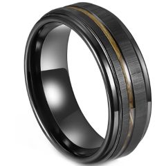 ***COI Black Tungsten Carbide Offset Groove Step Edges Ring With Wood-00977AA