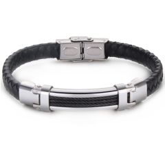***COI Titanium Black/Gold Tone/Silver Wire Genuine Leather Bracelet With Stainless Steel Clasp(Length: 8.46 inches)-00990AA
