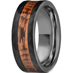 ***COI Black Tungsten Carbide Faceted Ring With Koa Wood-01024AA
