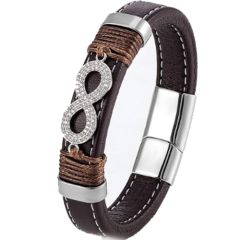 ***COI Titanium Infinity Cubic Zirconia Genuine Leather Bracelet With Stainless Steel Clasp(Length: 9.06 inches)-01025AA