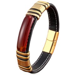 ***COI Gold Tone Titanium Carol Genuine Leather Bracelet With Stainless Steel Clasp(Length: 8.27 inches)-01028AA