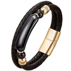 ***COI Gold Tone Titanium Black Onyx Genuine Leather Bracelet With Stainless Steel Clasp(Length: 8.27 inches)-01030AA