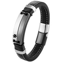 ***COI Titanium Black Silver Medical Alert Genuine Leather Bracelet With Stainless Steel Clasp(Length: 9.06 inches)-01032AA