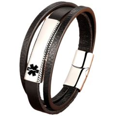 ***COI Titanium Gold Tone/Silver Medical Alert Genuine Leather Bracelet With Stainless Steel Clasp(Length: 8.46 inches)-01035AA