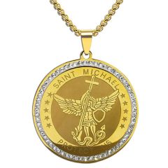 ***COI Titanium Gold Tone/Silver Saint Michael Protect Us Pendant With Cubic Zirconia-01055AA